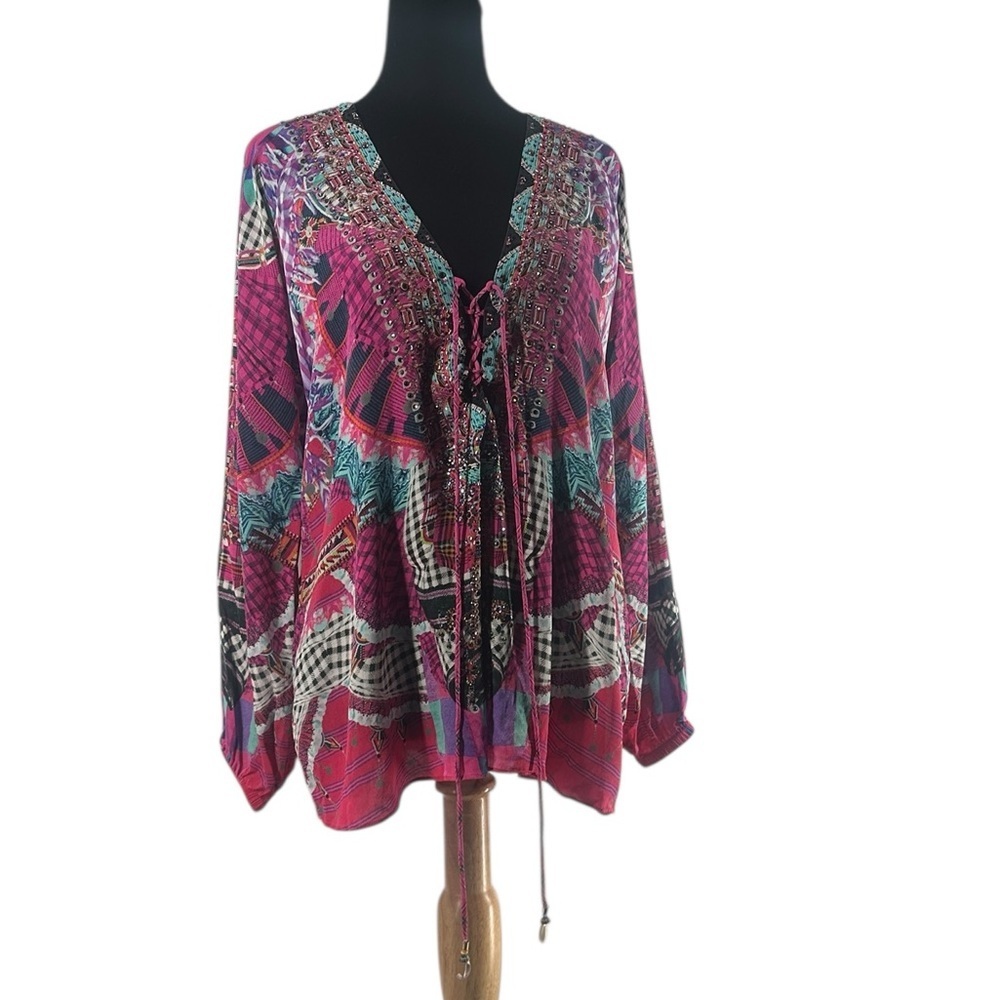 Camilla Desert Discotheque silk blouse lace-up heavily embellished boho sz 8 - Picture 4 of 13